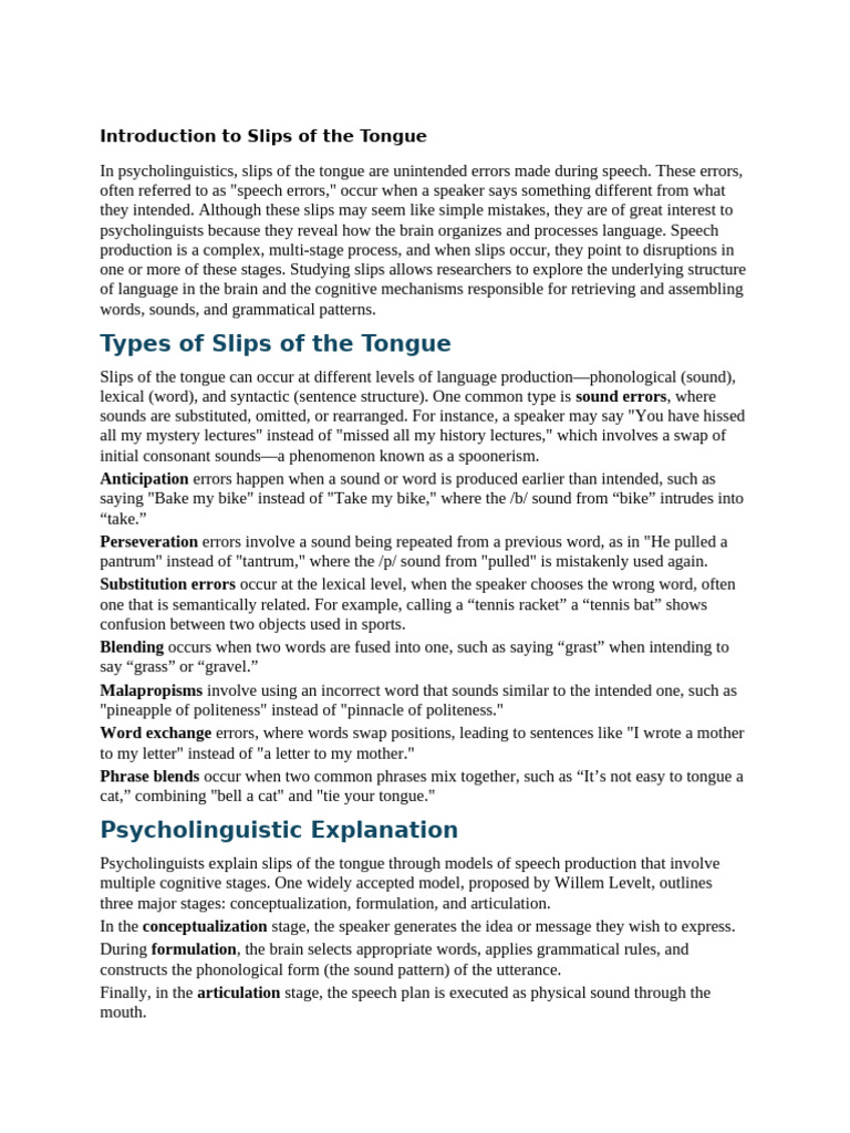 Understanding Slips of the Tongue | PDF | Speech | Psycholinguistics