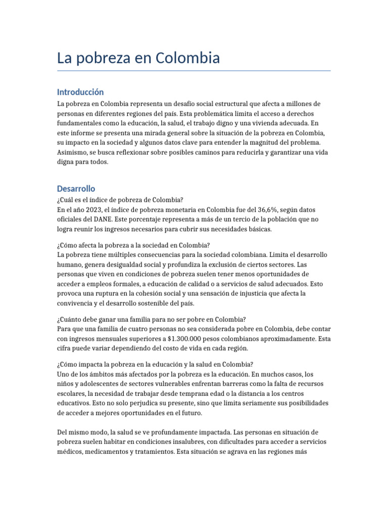 Pobreza en Colombia: Impacto y Soluciones | PDF | Pobreza | Pobreza e ...
