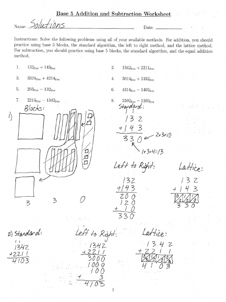 Base 5 Addition and Subtraction Worksheet Key | PDF