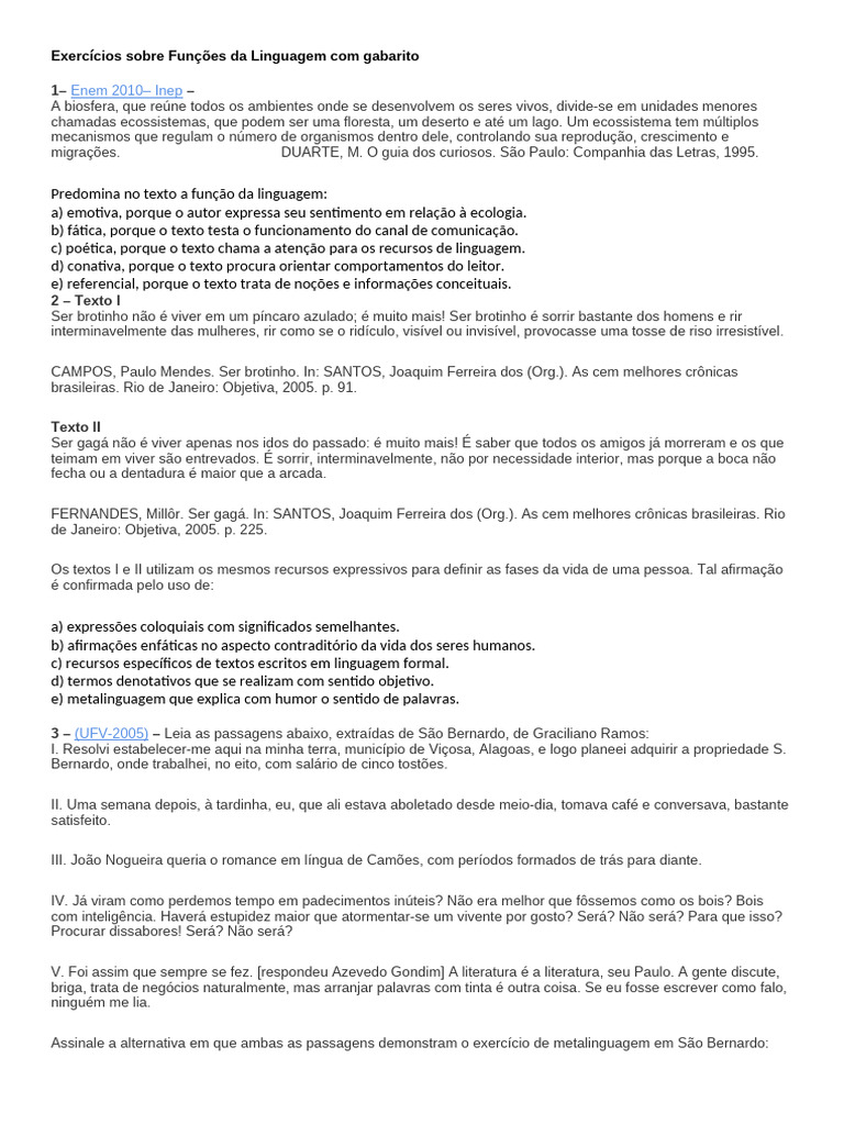 Exercícios Sobre Funções Da Linguagem Com Gabarito 26.10 | PDF | Autor ...
