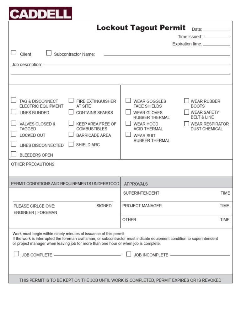 Lockout/Tagout Safety Permit Template | PDF