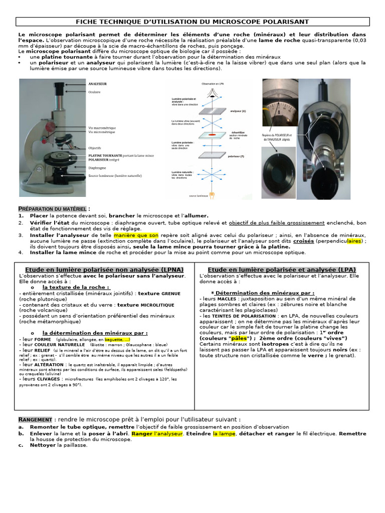 Fiche technique du microscope polarisant | PDF | Minéral | Minéralogie