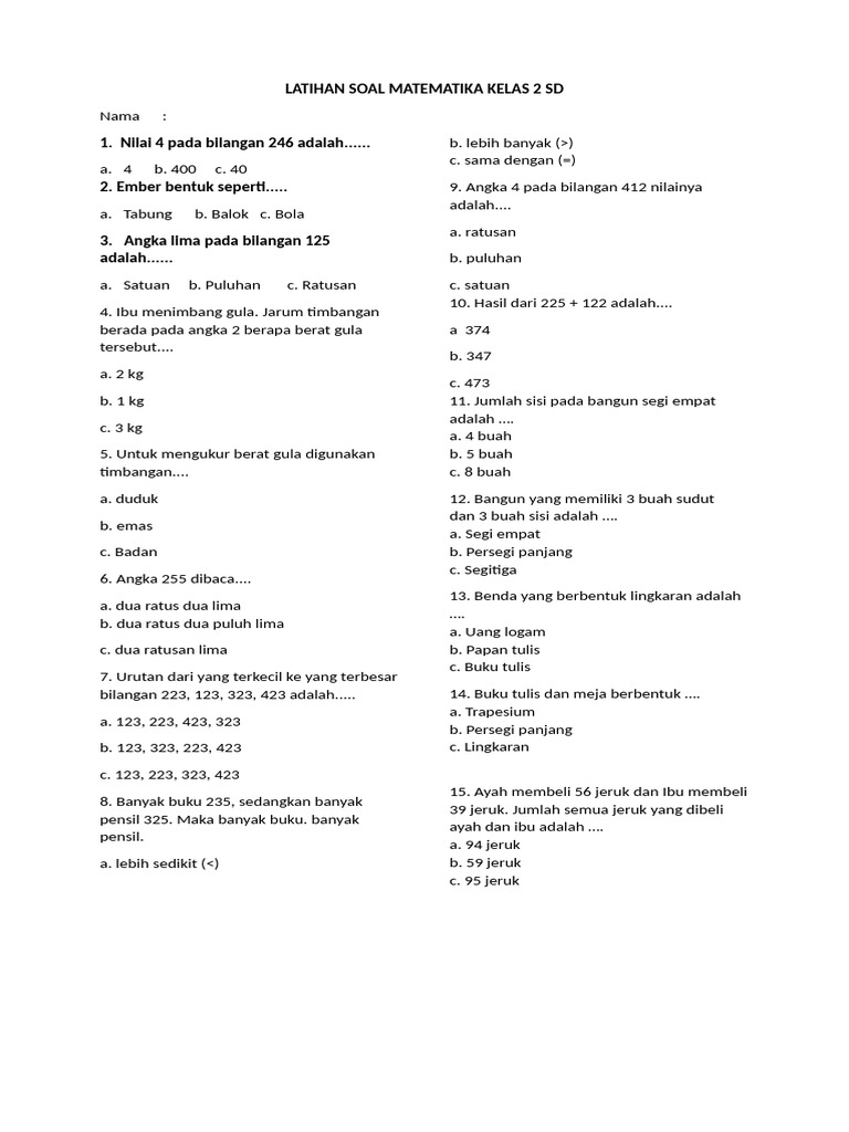 Latihan Soal Matematika Kelas 2 Sd Pdf