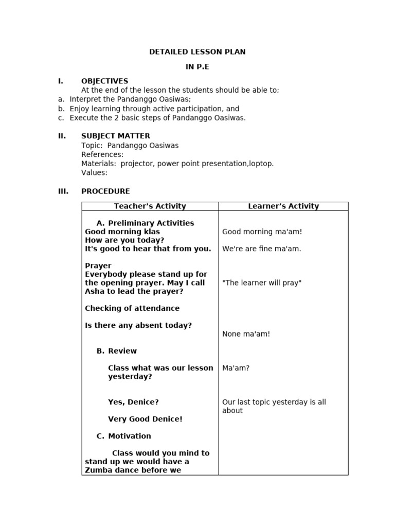 Detailed Lesson Plan In P E Pdf Dances Philippines