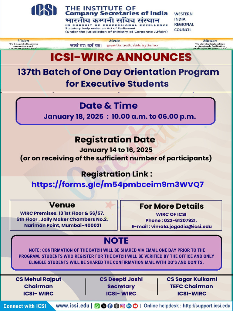 ICSI-WIRC - 137th Batch of One Day Orientation Program For Executive ...