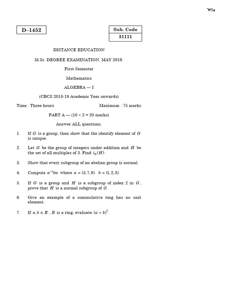 M.Sc. Mathematics Exam Questions: Algebra, Analysis, ODEs, Topology ...