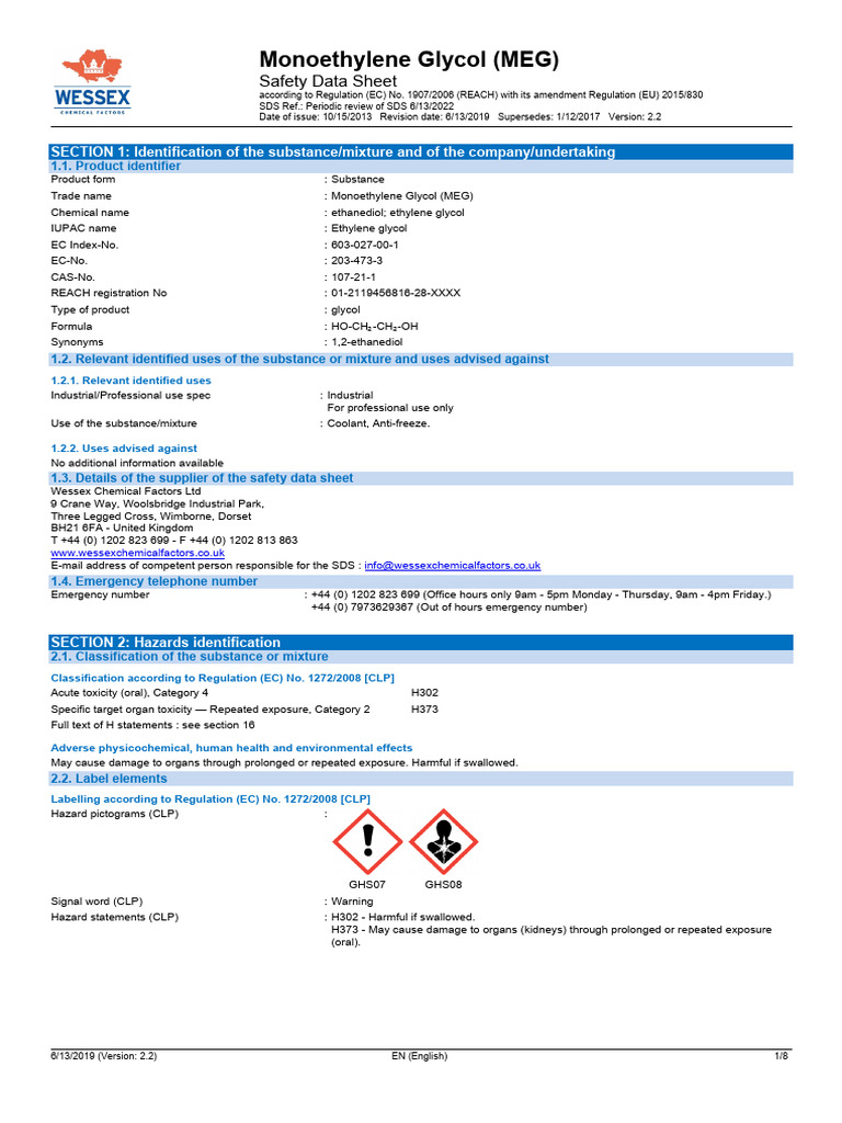 Monoethylene Glycol (MEG) Safety Data Sheet | PDF | Dangerous Goods ...