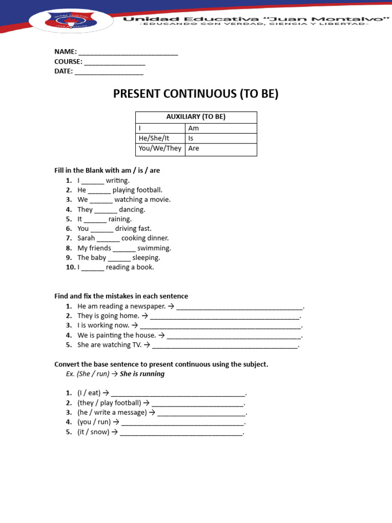 Present Continuous Tense Practice Worksheet | PDF