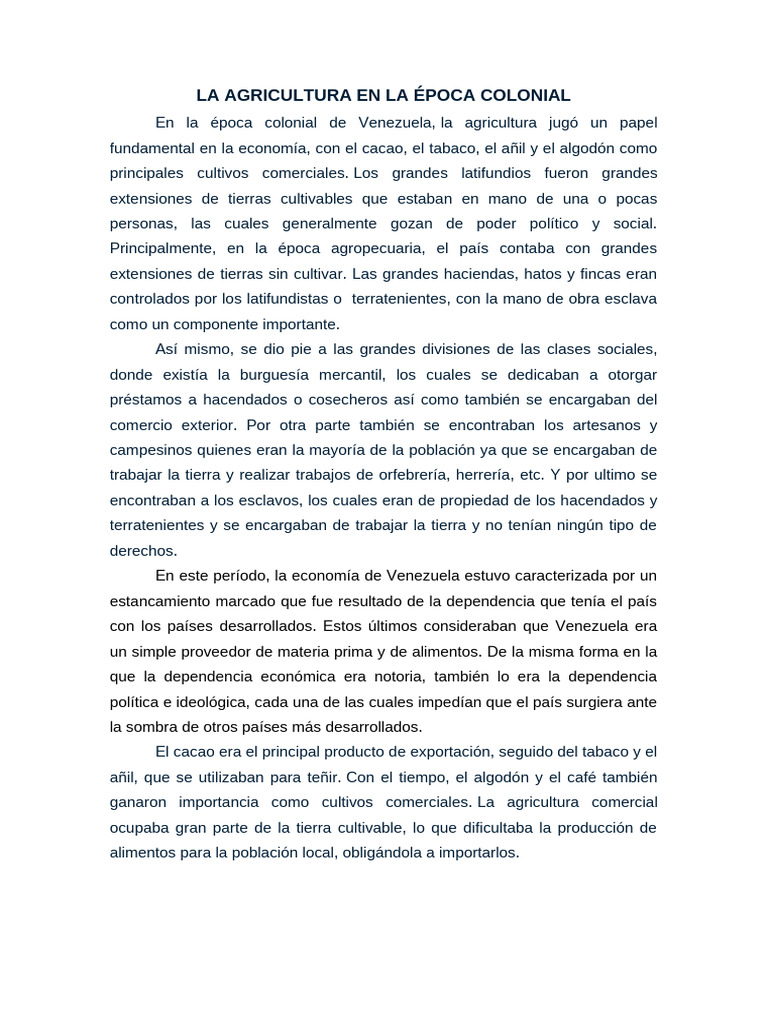 Agricultura Colonial en Venezuela | PDF