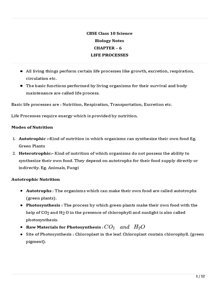 CBSE Class 10 Biology: Life Processes | PDF | Kidney | Nutrition