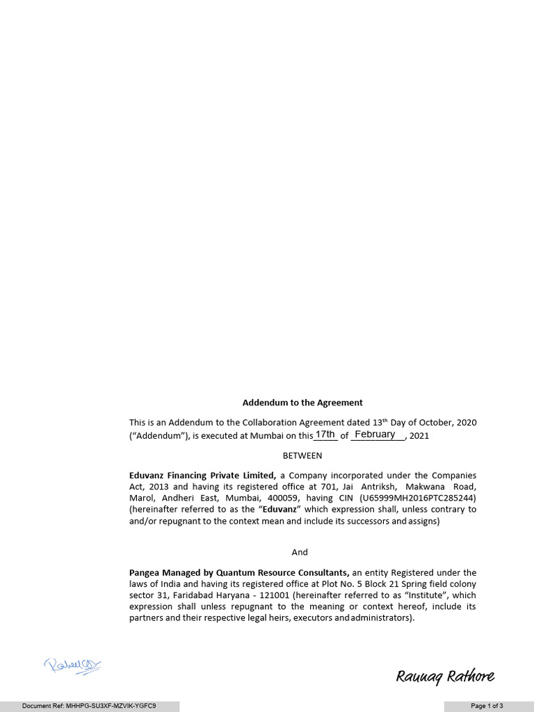 Eduvanz Collaboration Agreement Addendum | PDF | Civil Law (Common Law ...