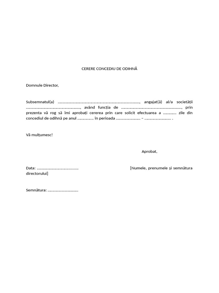 Model Cerere Concediu de Odihna Word | PDF