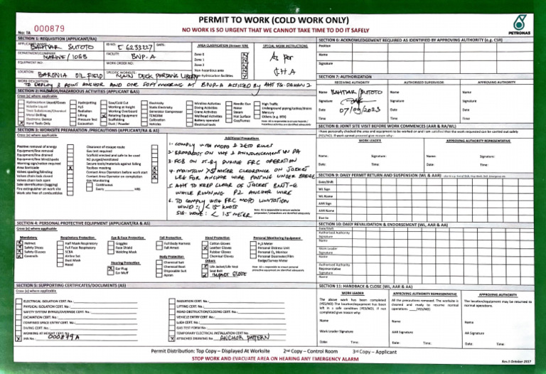 Cold Work Permit Application Form | PDF