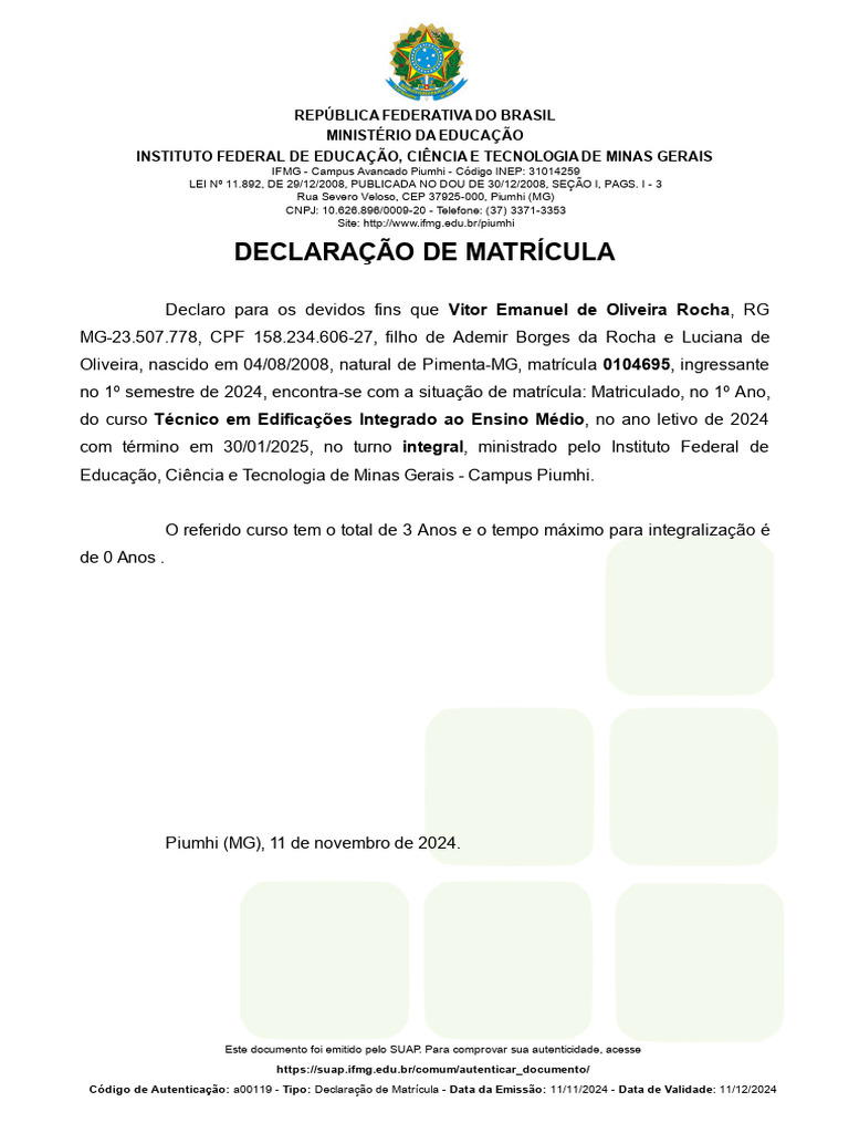 Declaração de Matrícula IFMG 2024 | PDF