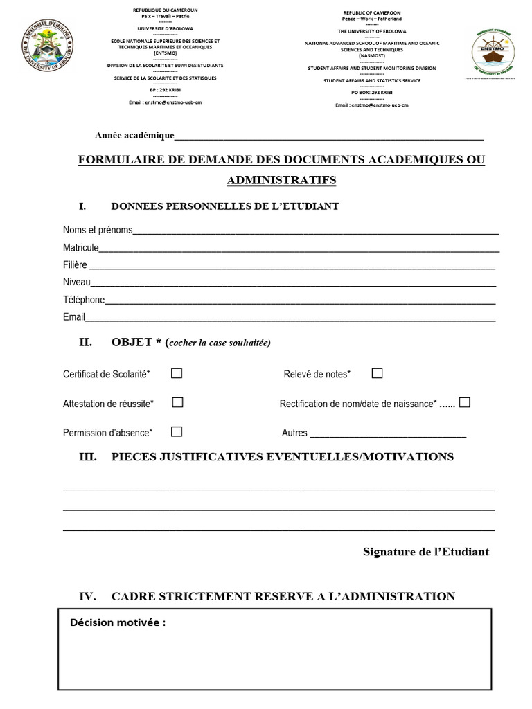 Formulaire de demande académique ENSTMO | PDF