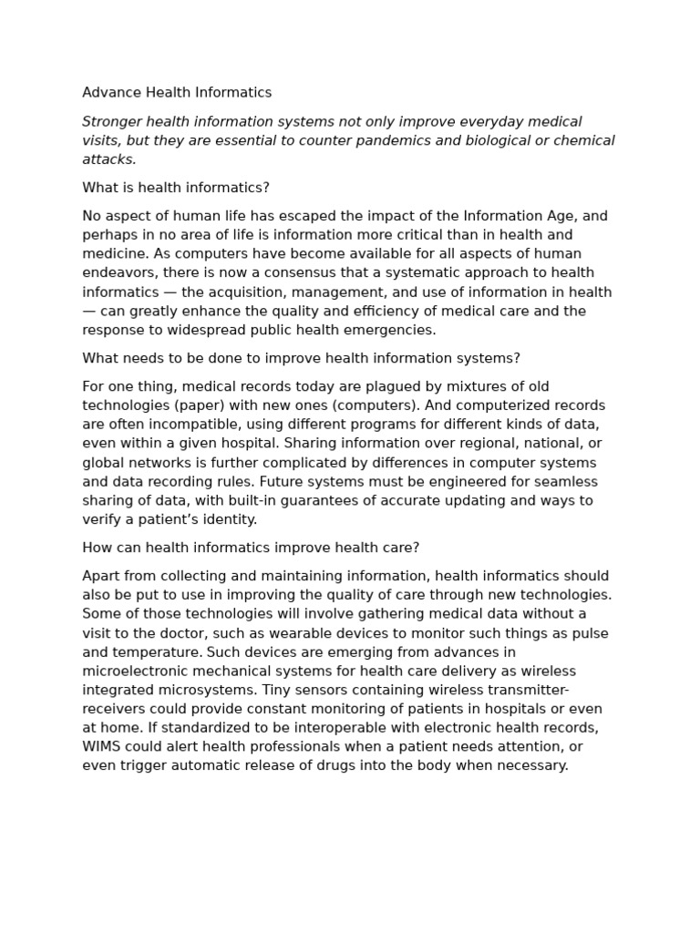 Advancing Health Informatics Systems | PDF