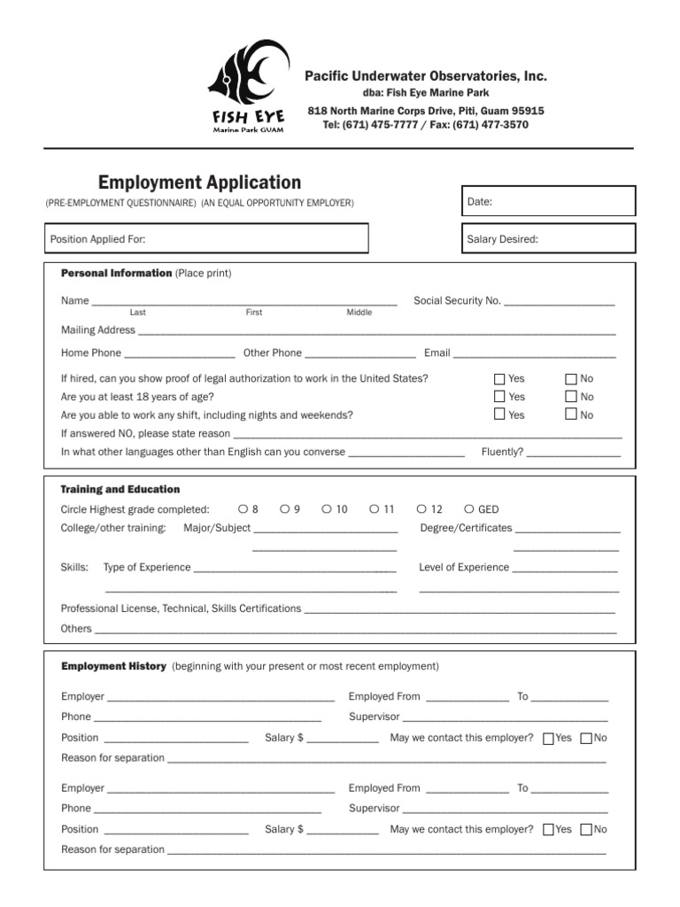 Fish Eye Marine Park Employment Application | PDF | Employment