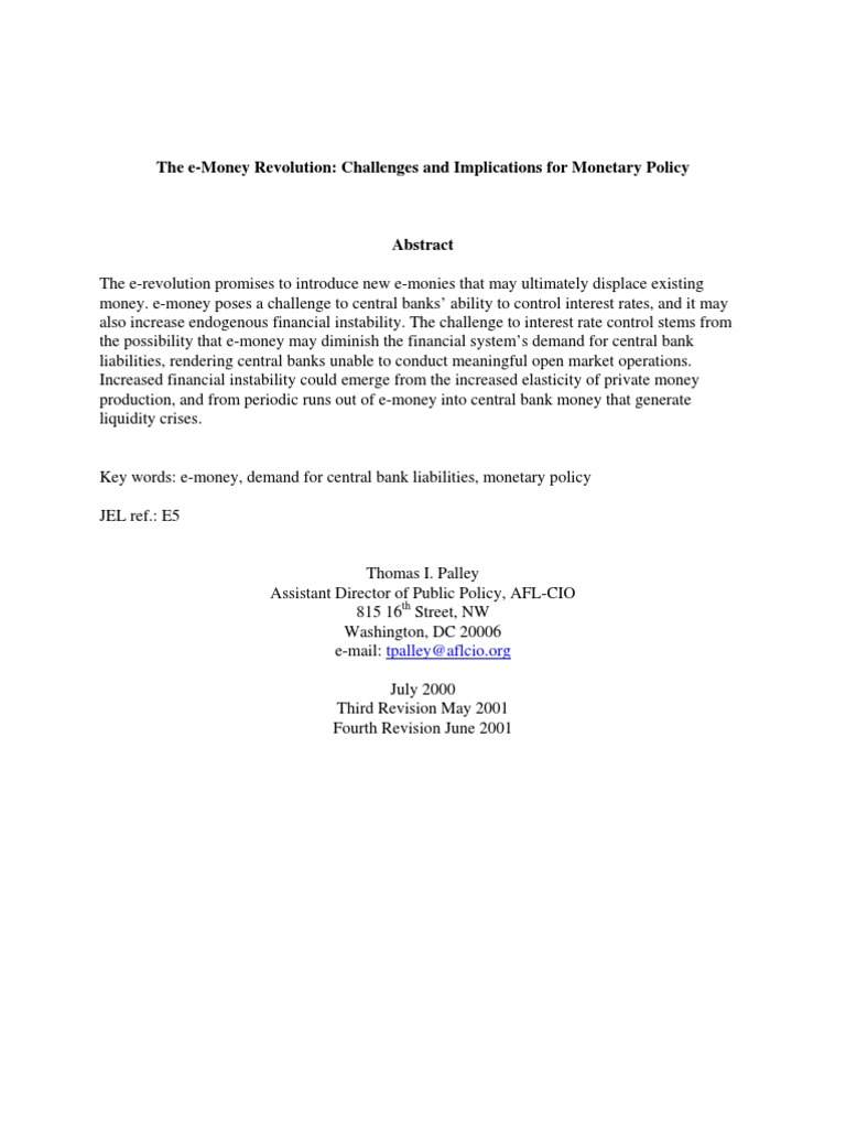 E-Money's Impact on Monetary Policy | PDF | Central Banks | Banks
