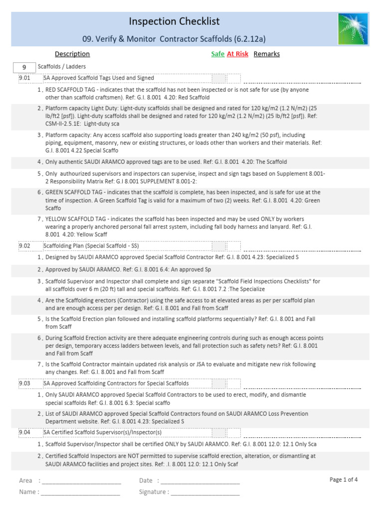 Contractor Scaffold Inspection Checklist | PDF | Scaffolding | Equipment