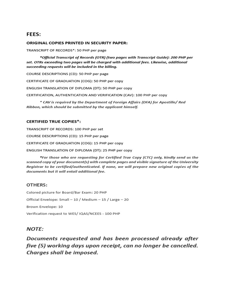 Document Fees for Academic Records | PDF