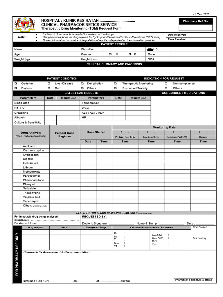 Therapeutic Drug Monitoring Request Form | PDF | Pharmacokinetics ...