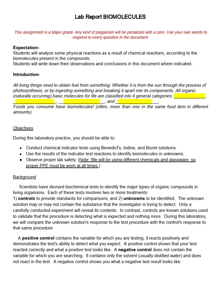 Biomolecules Lab Report Guide | PDF | Carbohydrates | Chemistry