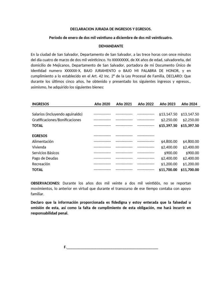 Declaración Jurada de Ingresos 2021-2024 | PDF