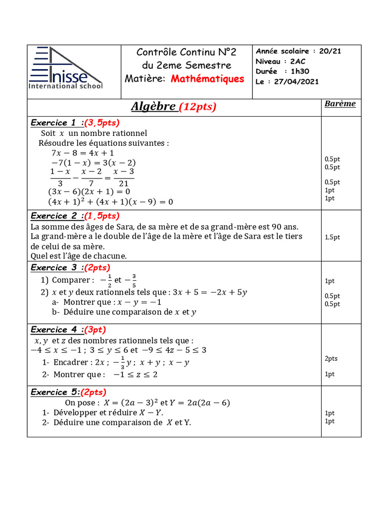 Contrôle de Mathématiques 2AC - 2021 | PDF | Mathématiques élémentaires ...