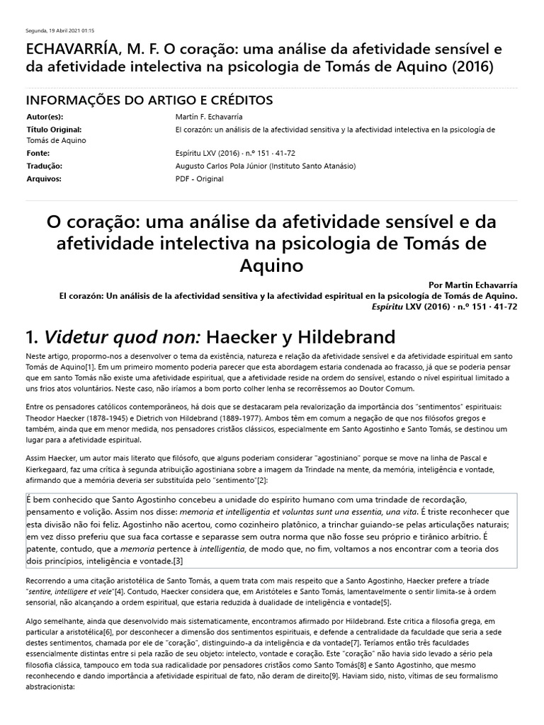 ECHAVARRÍA, M. F. O Coração - Uma Análise Da Afetividade Sensível e Da ...