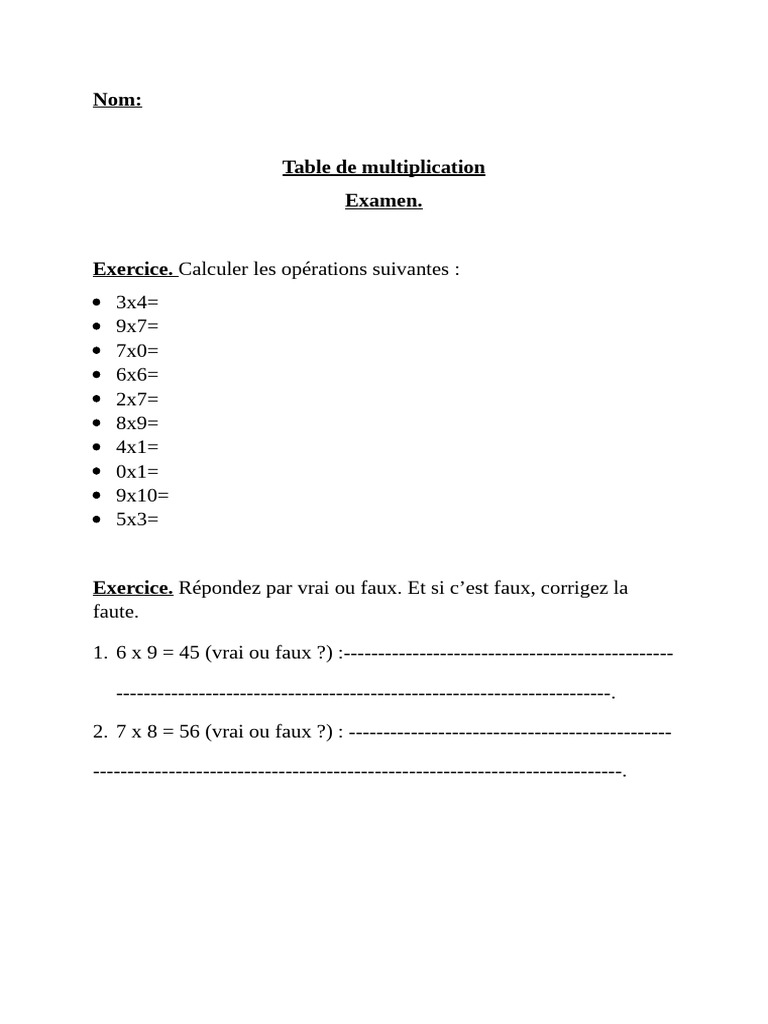 Évaluation des tables de multiplication CE2 | PDF