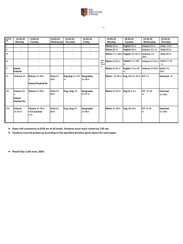 May 2025 Exam Schedule for Grades 1-8 | PDF