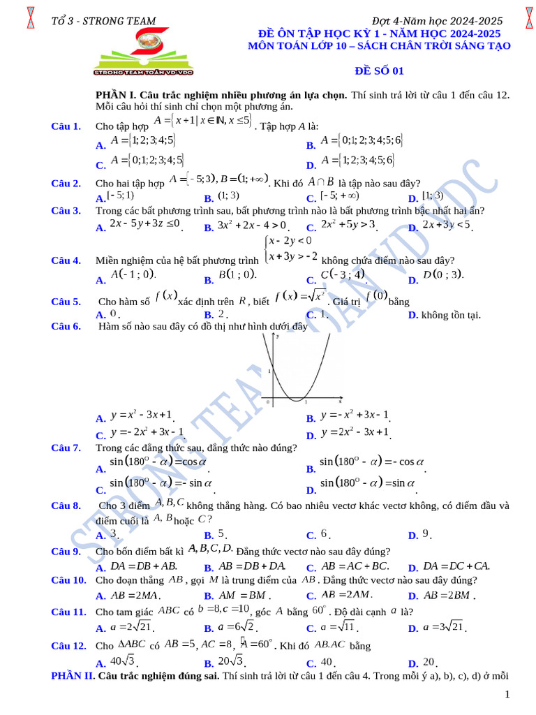 To 3. Dot 4. de So 1. de On Thi HK1 - Toan 10-CTST | PDF