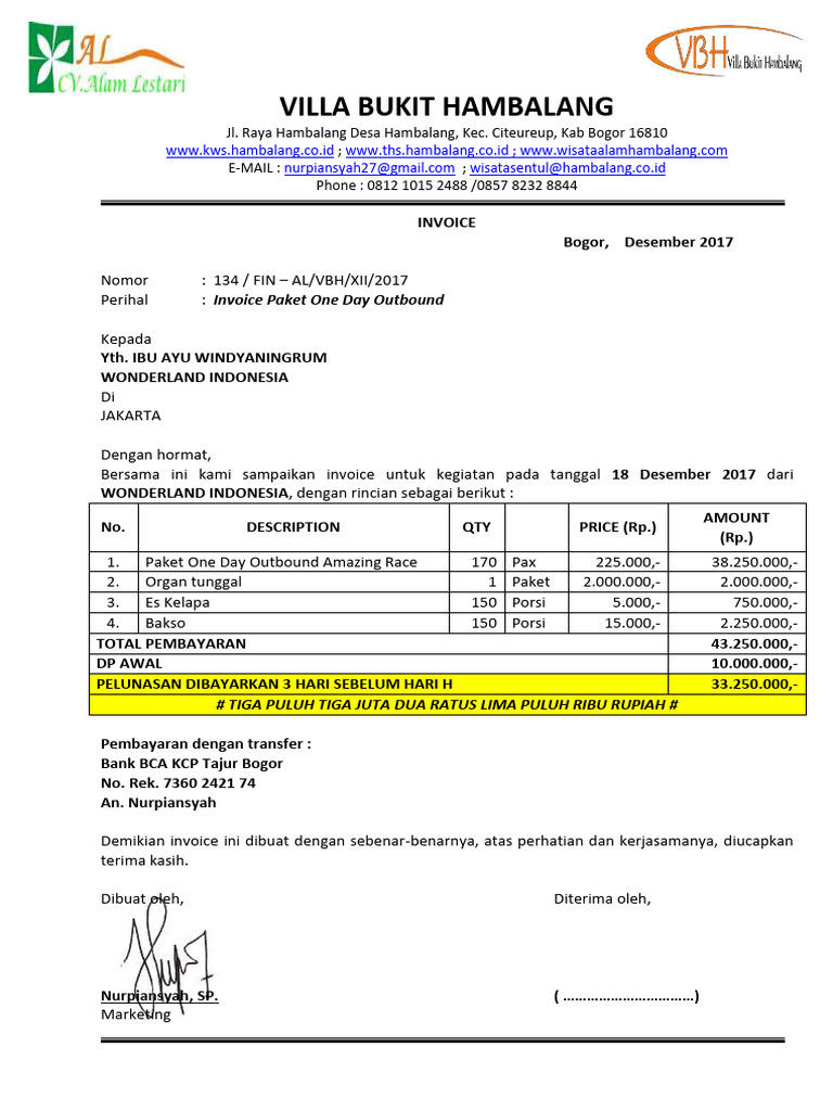 Invoice Paket Outbound 18 Desember 2017 | PDF