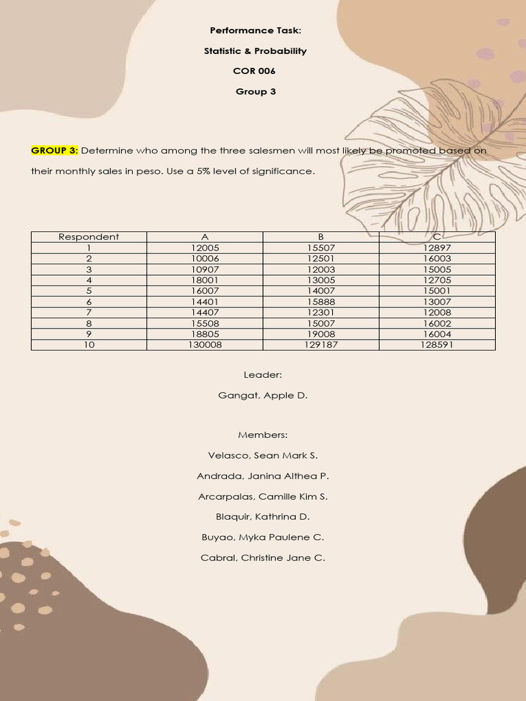 Performance Task Statistic & ProbabilityCOR 006group 3GROUP Print | PDF ...
