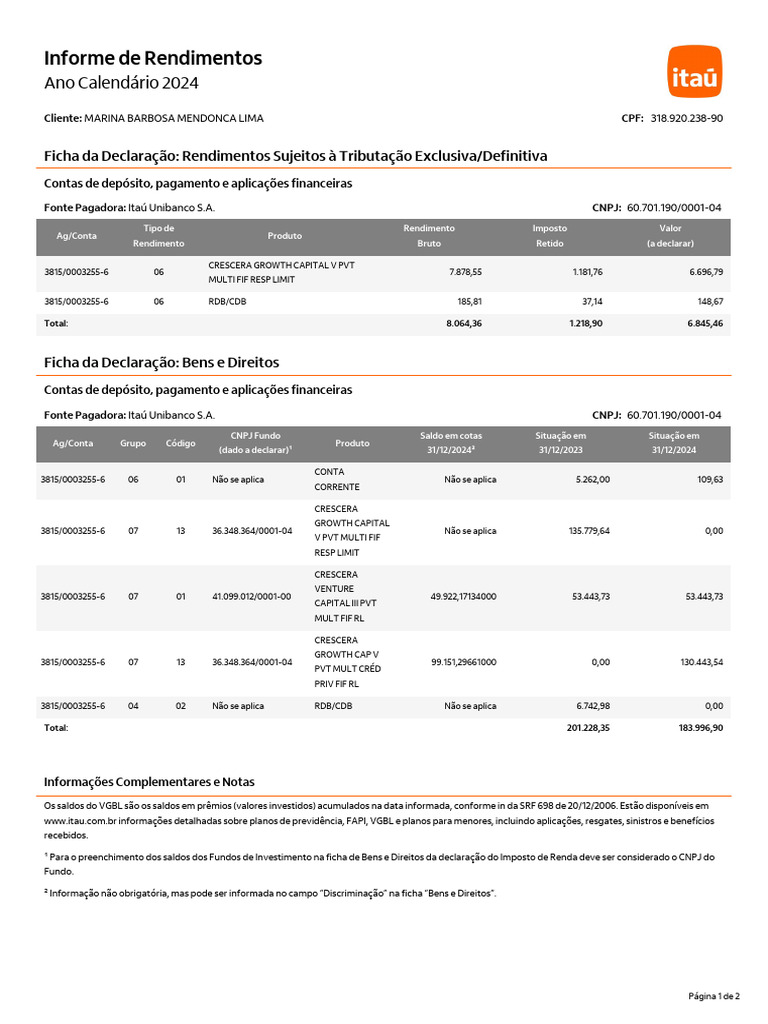 Informe de Rendimentos 2024 - Marina Lima | PDF | Economias | Dinheiro