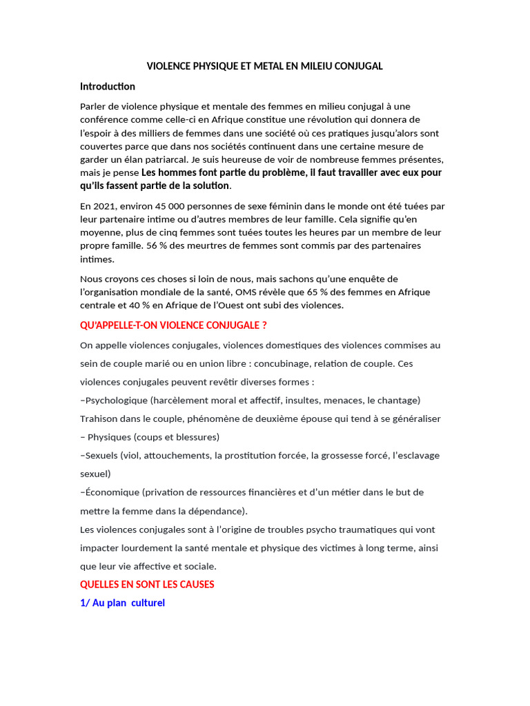 Violence conjugale : causes et solutions | PDF | La violence | Patriarchie