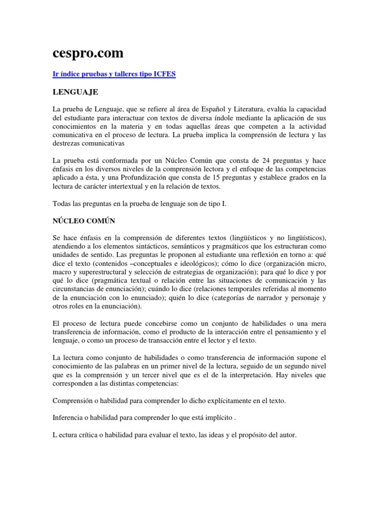 Prueba de Lenguaje ICFES: Comprensión Lectora | PDF | Adverbio | Verbo
