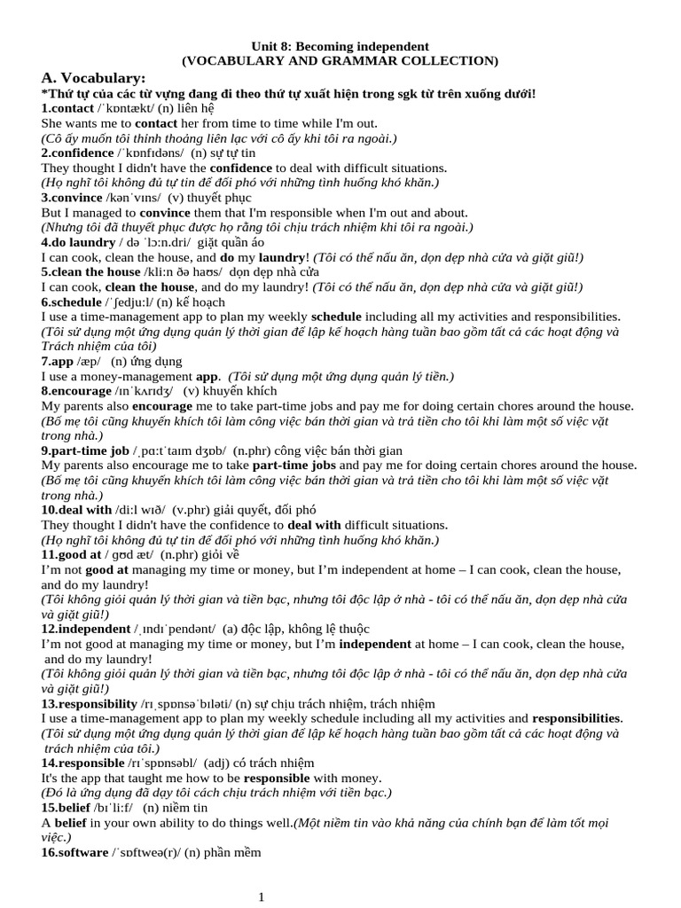 VOCABULARY AND GRAMMAR - U8- HS | PDF