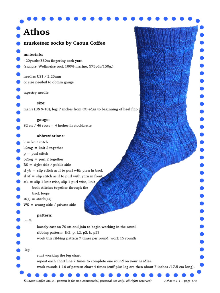 Athos Musketeer Socks Pattern | PDF | Knitting | The Three Musketeers