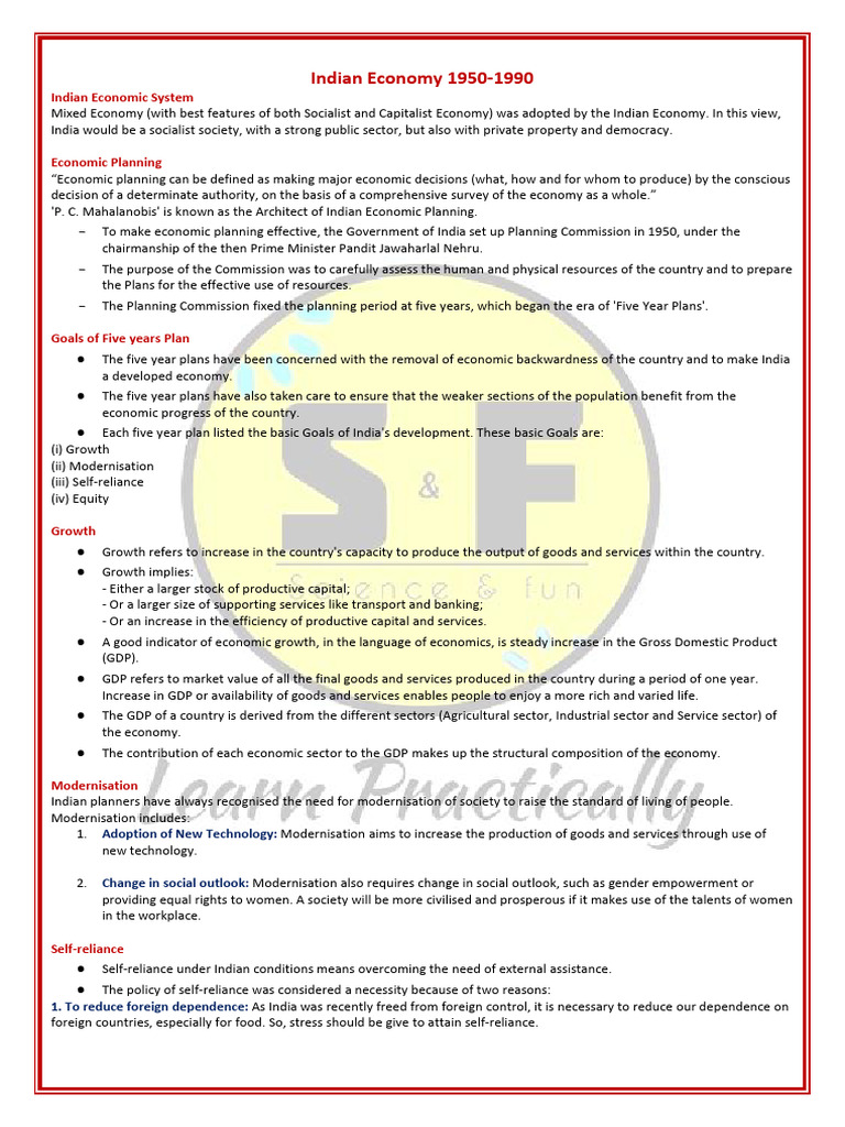 Indian Economy 1950 1990 Notes Pdf Green Revolution Subsidy