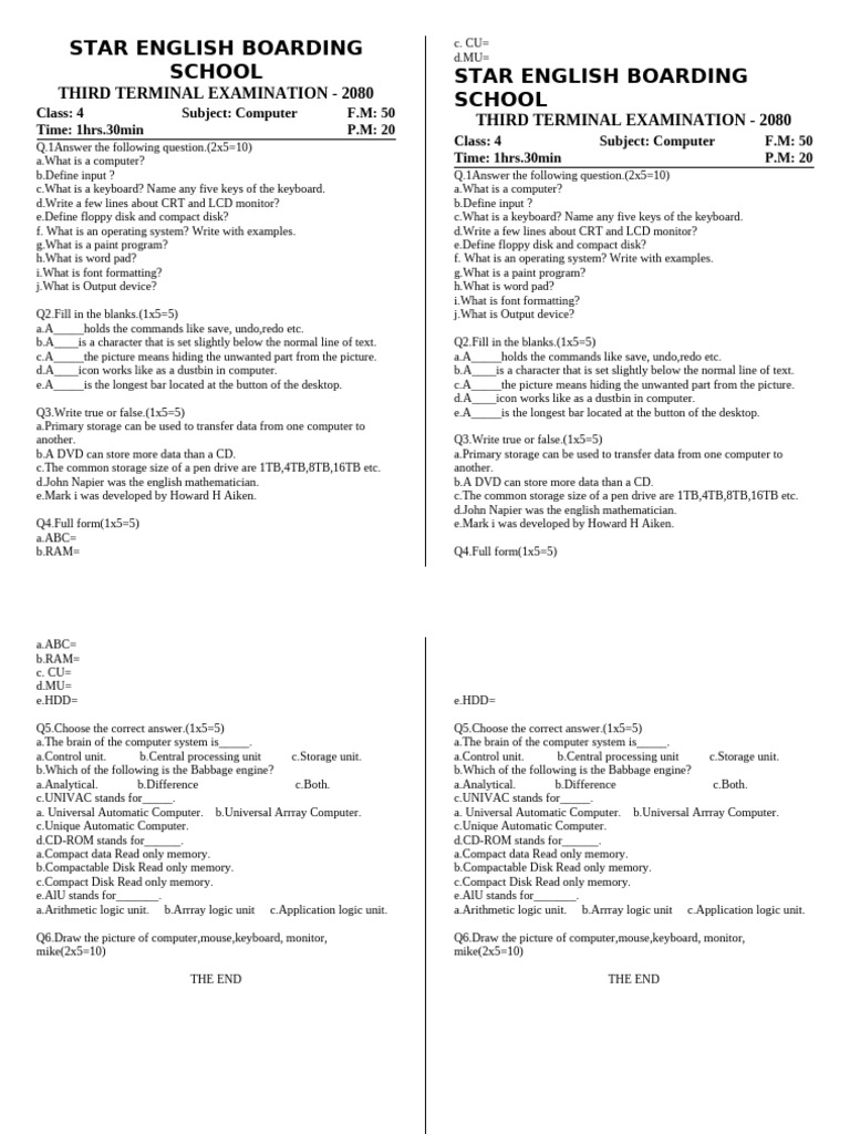 Class 4 Computer Exam Paper 2080 | PDF | Computer Monitor | Computer ...