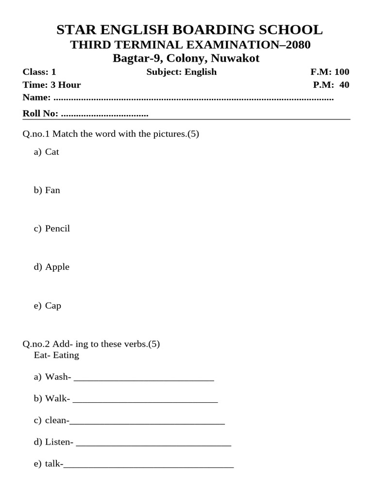 Grade 1 English 3rd Term Exam Paper | PDF | Grammar | Linguistics