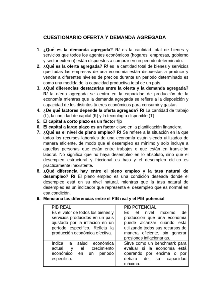 Cuestionario Oferta y Demanda Agregada | PDF | Inflación | La política ...