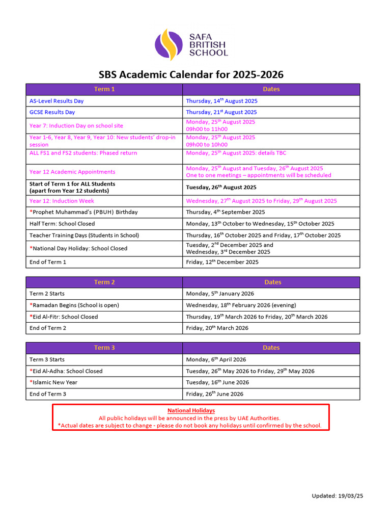 SBS Academic Calendar 2025-2026 | PDF | Academic Term