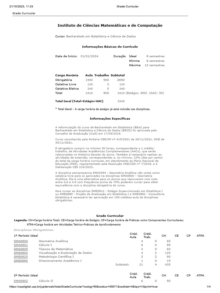 Grade Curricular de Ciência de Dados USP | PDF | Estatísticas ...