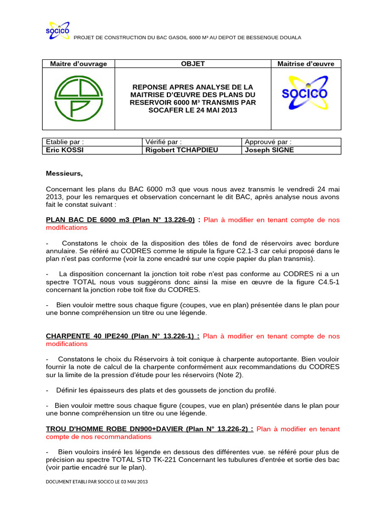 Modifications Plans Bac Gasoil 6000 m³ Douala | PDF