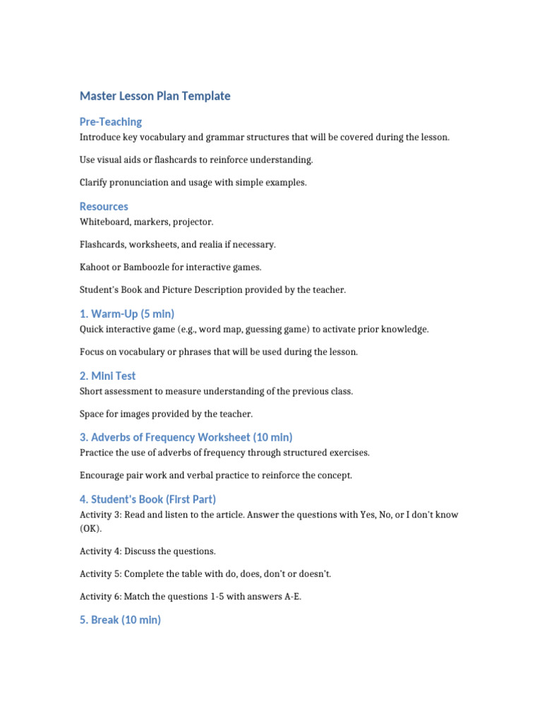 Master Lesson Plan for Adverbs of Frequency | PDF