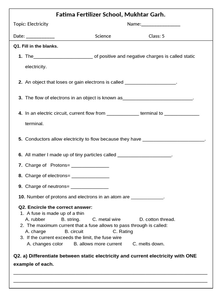 Grade 5 Electricity Worksheet | PDF | Electricity | Electron