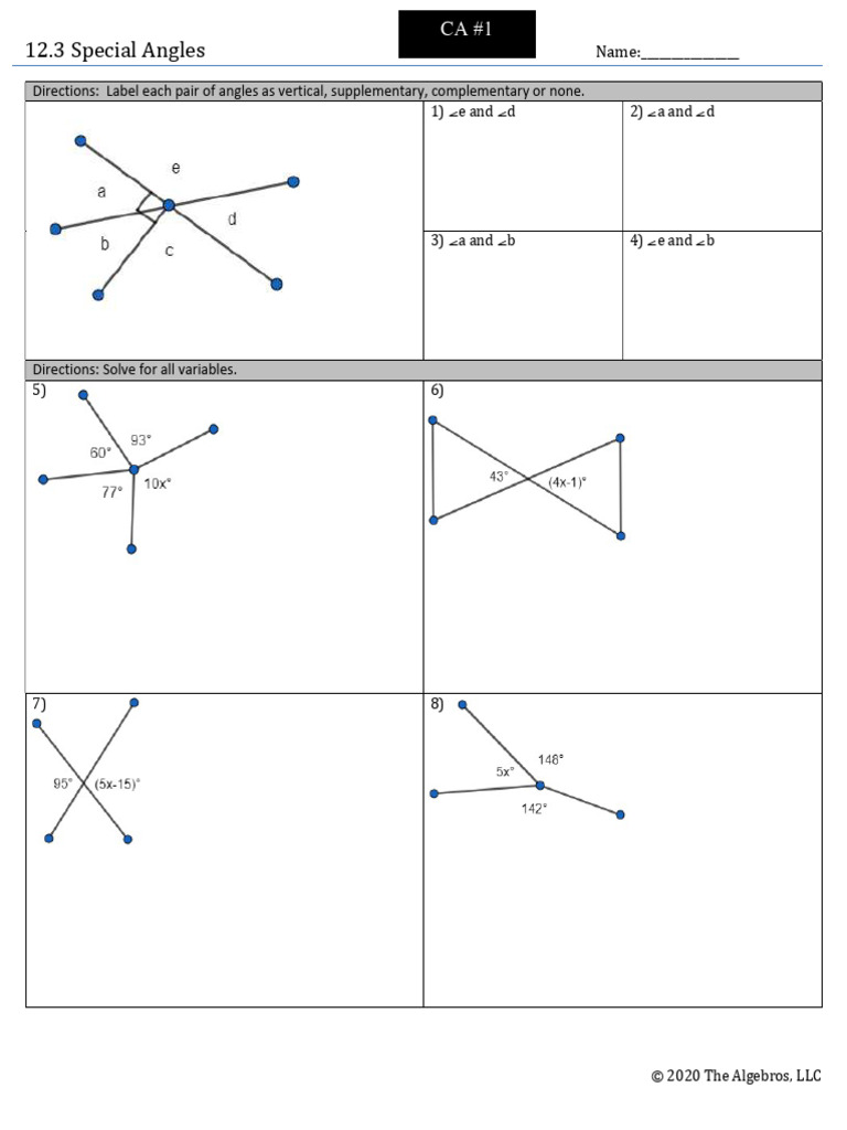 1 .3 Special Angles: Directions: Label Each Pair of Angles As Vertical ...