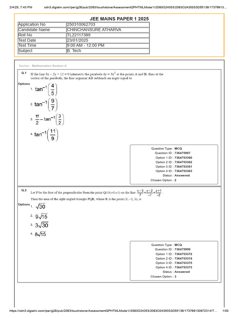 JEE Mains 2025 MCQ Assessment | PDF | Multiple Choice | Student ...